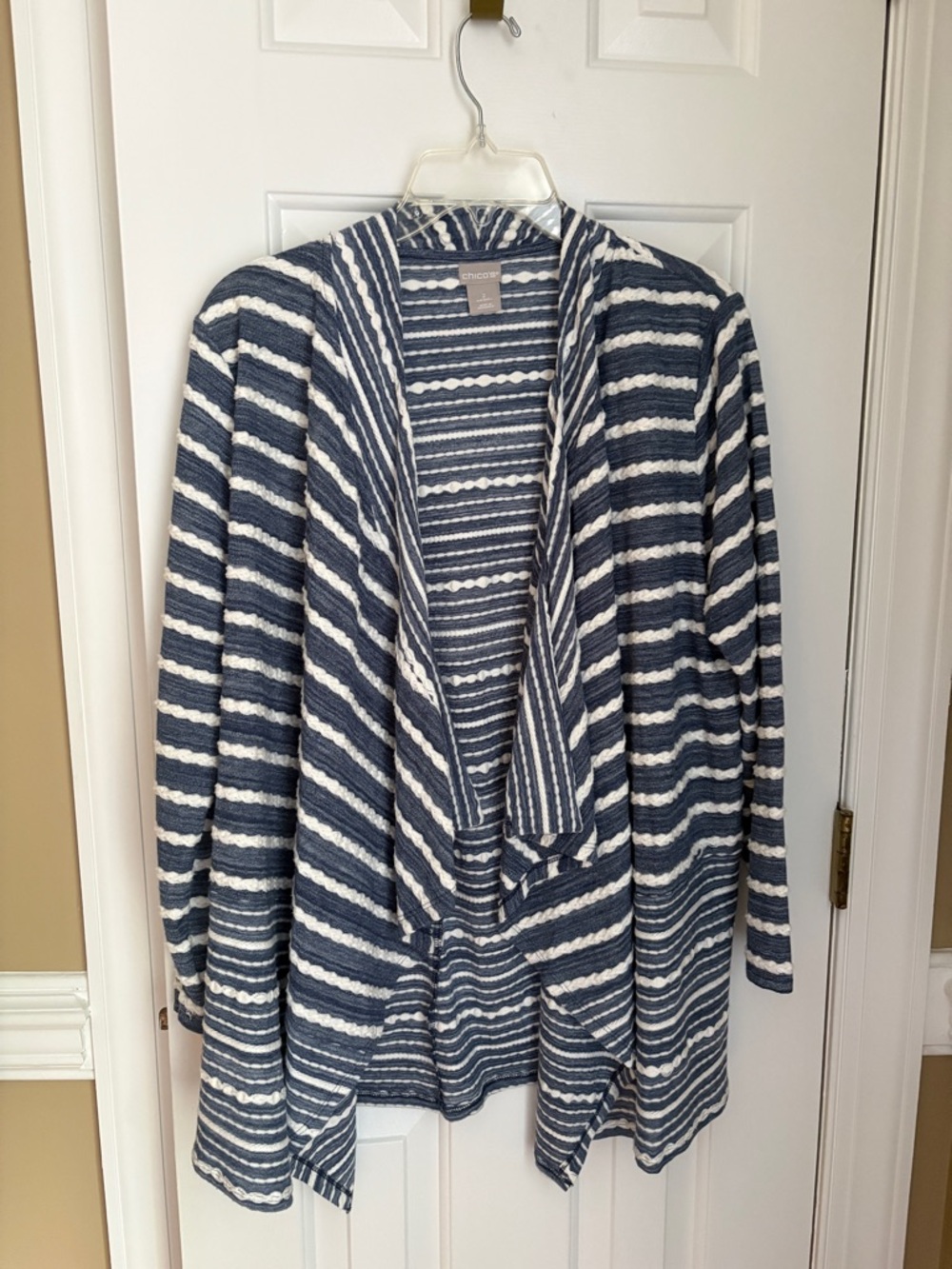 Chico's Navy and White Striped Open-Front Spring Cardigan Size Large